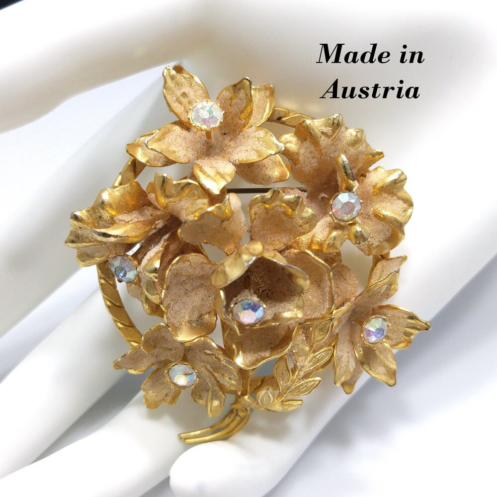 Austria Floral Brooch, Aurora Borealis Rhinestones, Gold Plated Flowers, 1960s